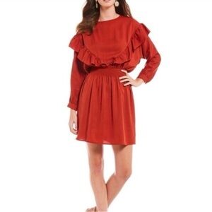 Gianni Bini Kim Ruffled Rust Orange Lyocell Long Sleeve Mini Dress Size Medium